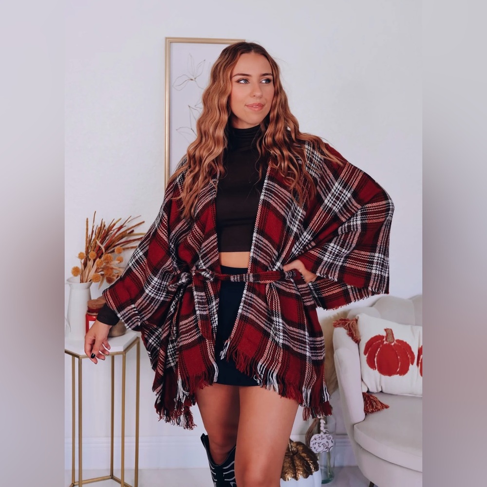Ruana belted plaid poncho - rust